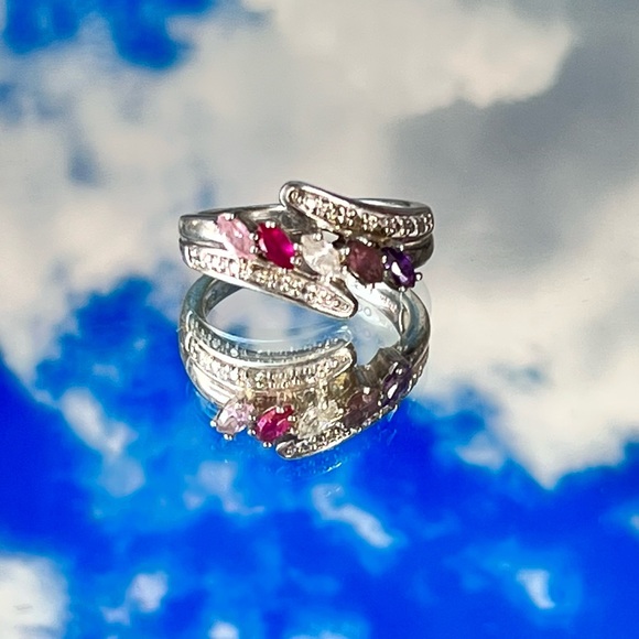 Vintage sterling silver multi gemstones and diamond accents ring, size 6.5 - Picture 2 of 7